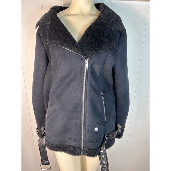 Max Edition Women's Faux Shearling Moto Biker coat in black. Size L - Picture 1 of 9